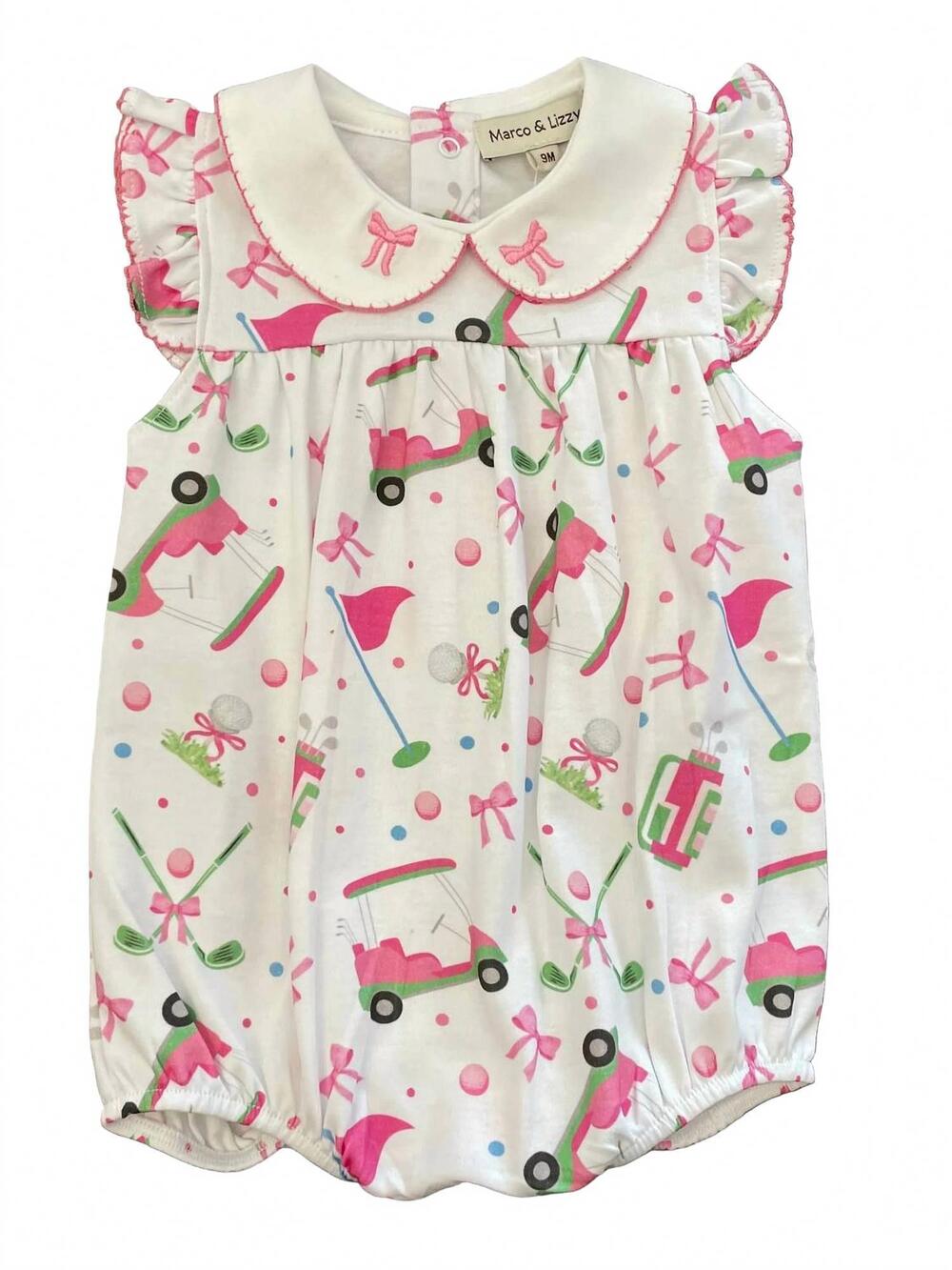 NEW MARCO & LIZZY kid's golf print knit bubble with collar in white/hot pink